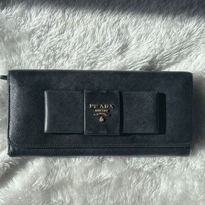 Prada Black Saffiano Leather Wallet with Bow Accent